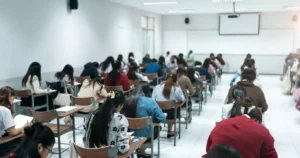 Estudantes adolescentes em sala de aula durante atividade escolar.